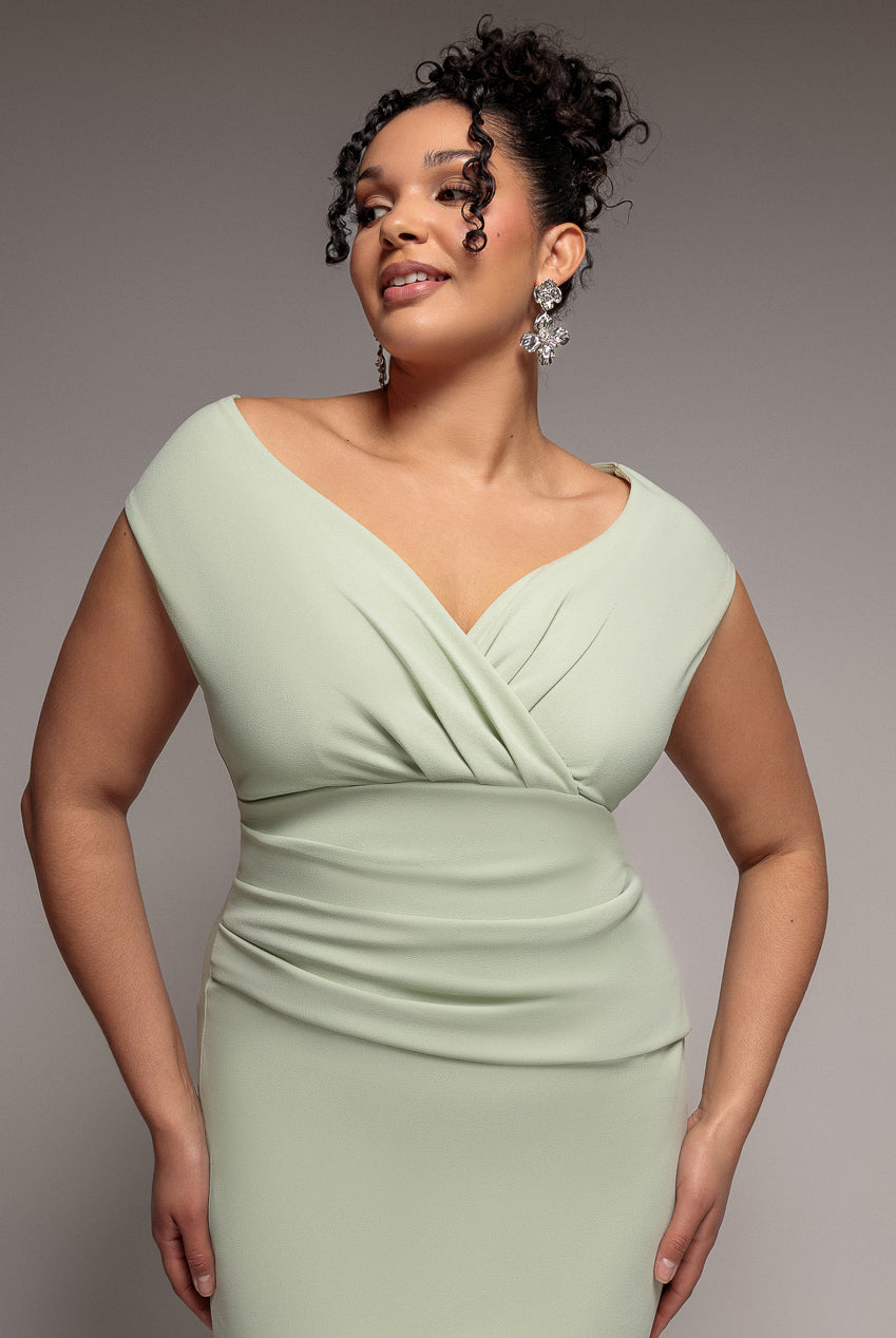 Goddiva Plus Bardot Pleated Maxi Dress - Sage Green