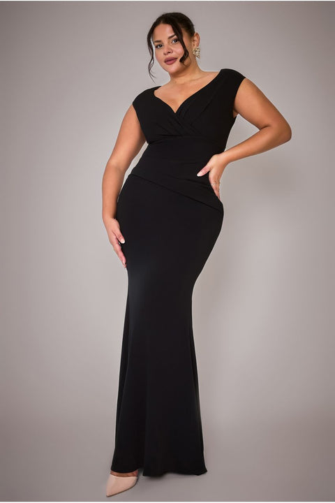 Goddiva Plus Bardot Pleated Maxi Dress - Black