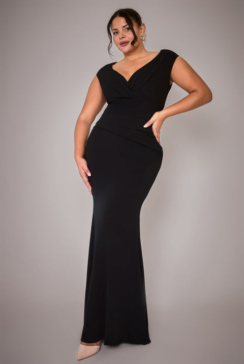 Goddiva Plus Bardot Pleated Maxi Dress - Black