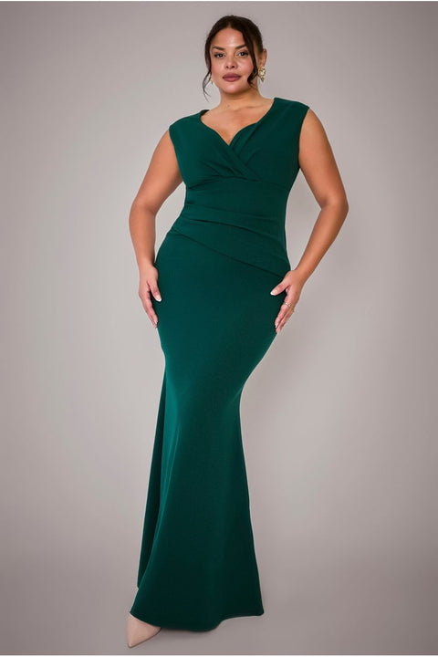 Goddiva Plus Bardot Pleated Maxi Dress - Emerald Green