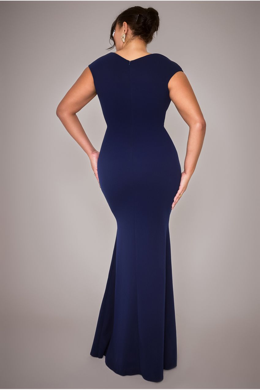 Goddiva Plus Bardot Pleated Maxi Dress - Navy Blue
