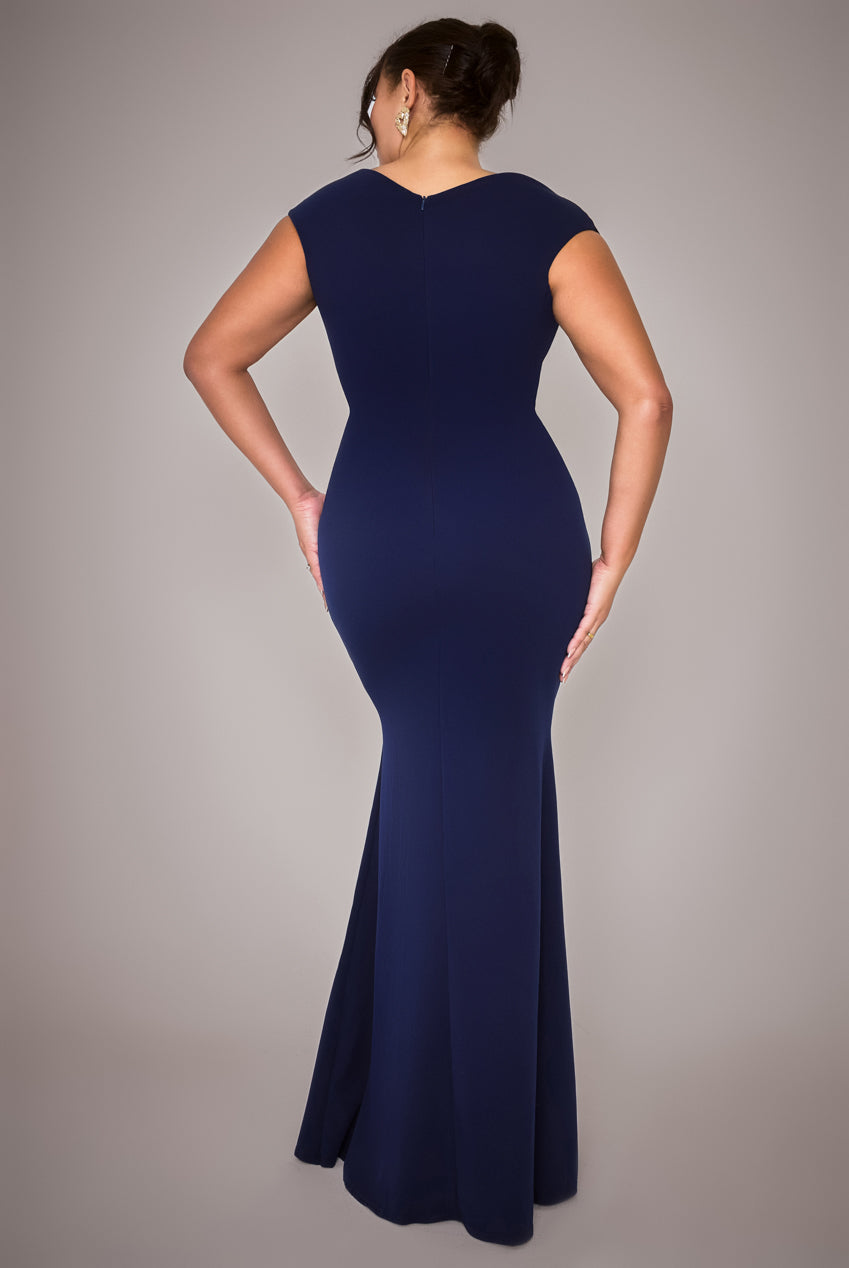 Goddiva Plus Bardot Pleated Maxi Dress - Navy Blue