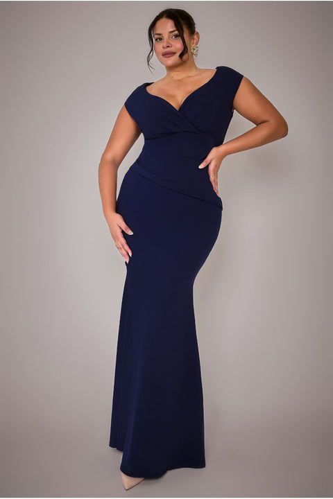 Goddiva Plus Bardot Pleated Maxi Dress - Navy Blue