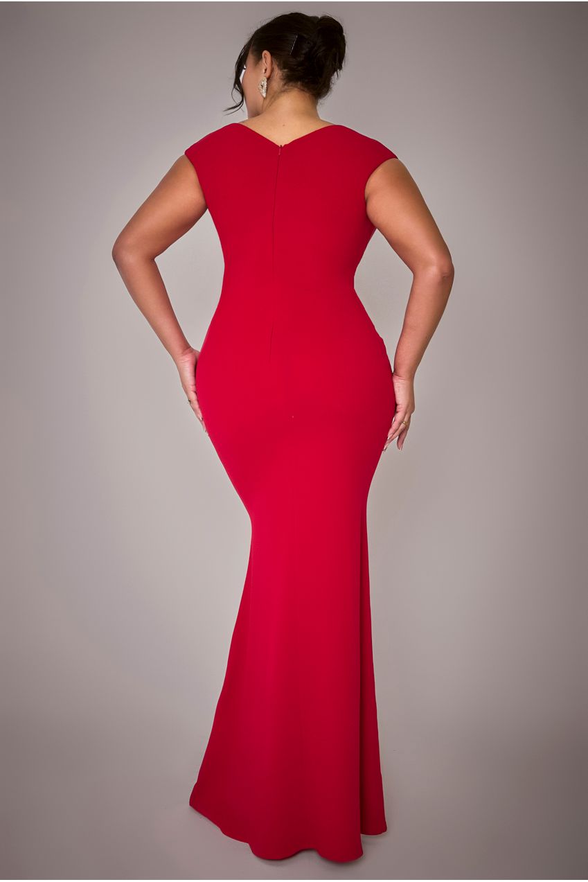 Goddiva Plus Bardot Pleated Maxi Dress - Red