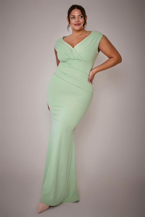 Goddiva Plus Bardot Pleated Maxi Dress - Sage Green