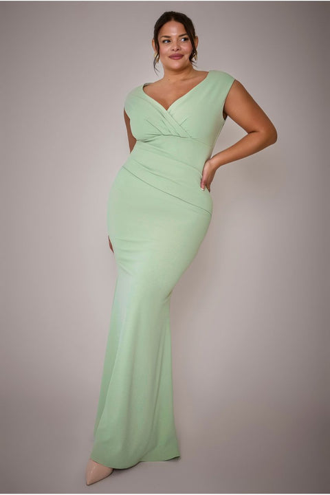 Goddiva Plus Bardot Pleated Maxi Dress - Sage Green