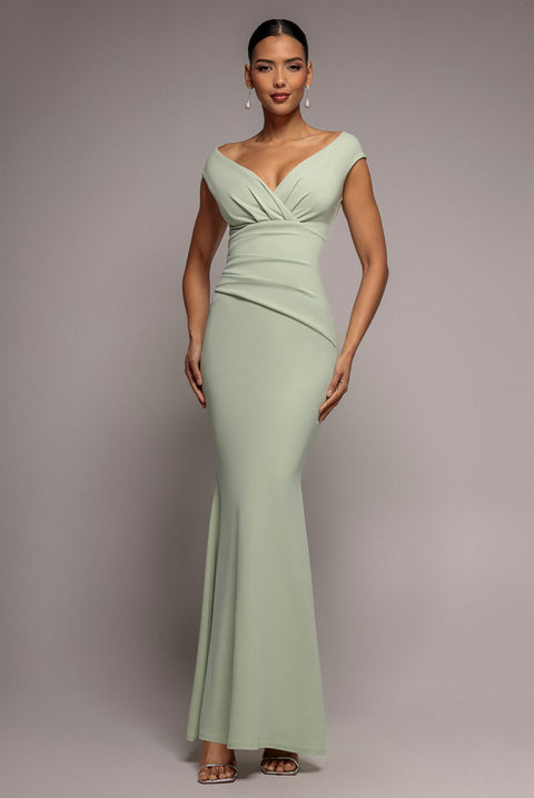 Goddiva Bardot Pleated Maxi Dress - Sage Green