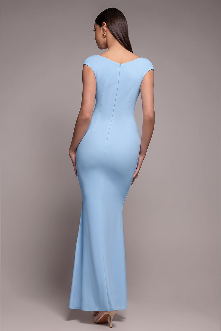 Goddiva Bardot Pleated Maxi Dress - Powder Blue