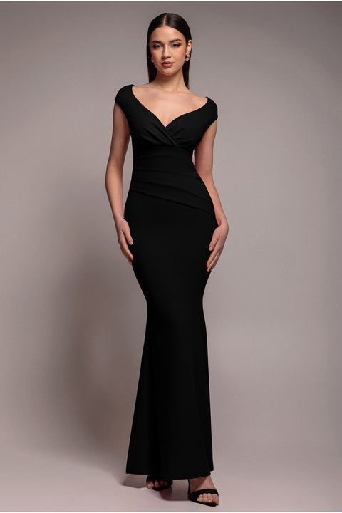 Goddiva Bardot Pleated Maxi Dress - Black