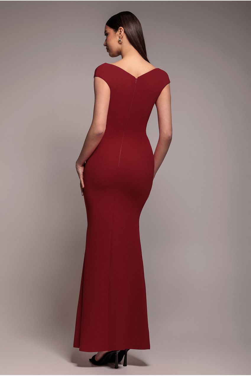 Goddiva Bardot Pleated Maxi Dress - Burgundy