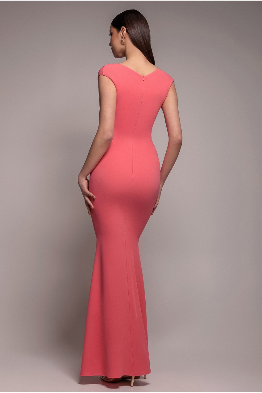 Goddiva Bardot Pleated Maxi Dress - Coral