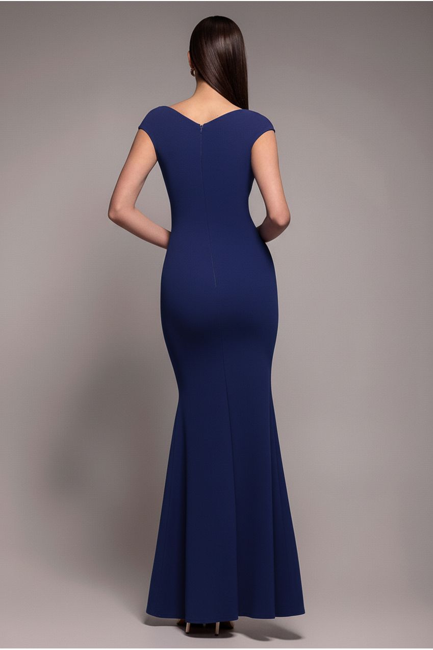 Goddiva Bardot Pleated Maxi Dress - Navy Blue