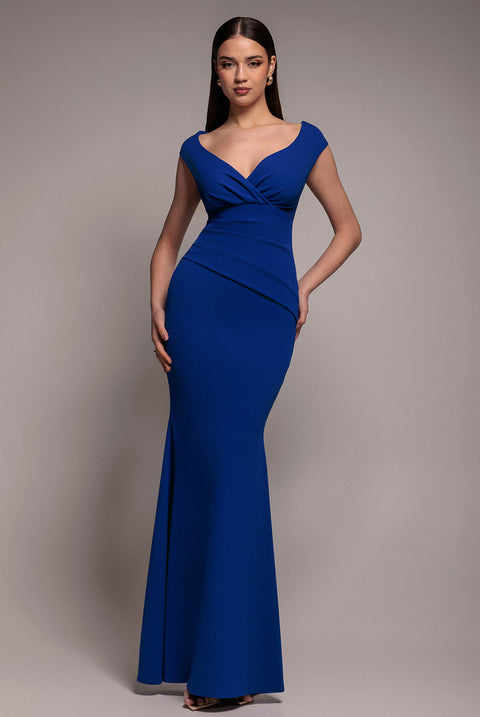 Goddiva Bardot Pleated Maxi Dress - Royal Blue