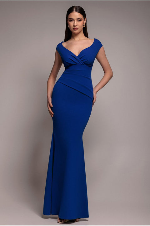 Goddiva Bardot Pleated Maxi Dress - Royal Blue