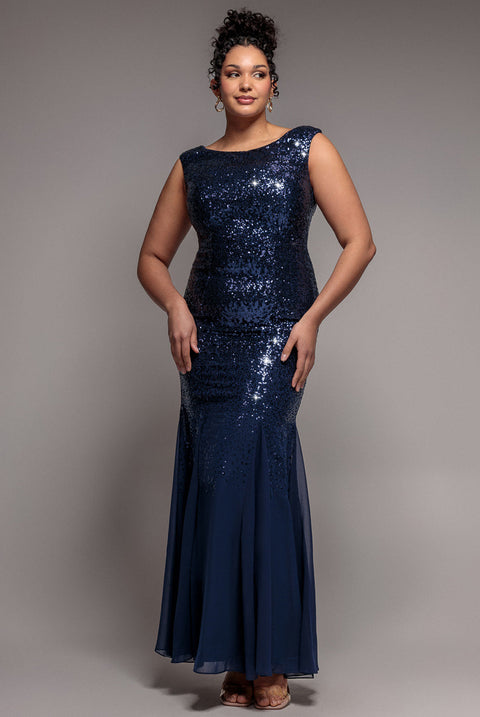 Goddiva Plus Chiffon & Sequin Embroidered Bardot Maxi Dress - Navy Blue