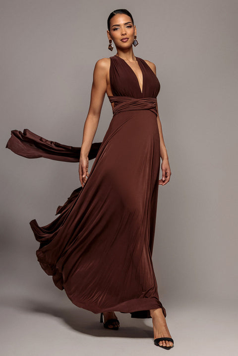 Goddiva Multiway Tie-Up Maxi Dress - Dark Brown