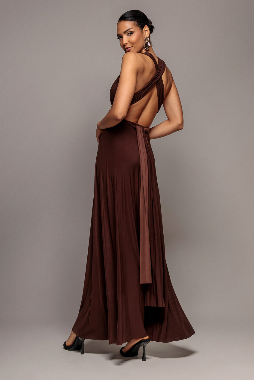 Goddiva Multiway Tie-Up Maxi Dress - Dark Brown