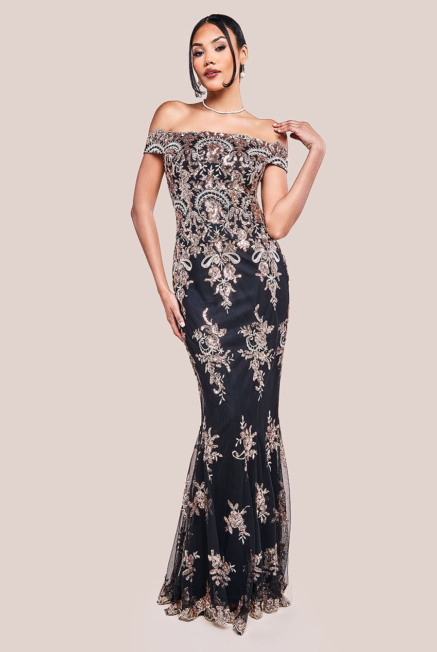 Goddiva Bardot Sequin Embroidered Maxi Dress - Champagne