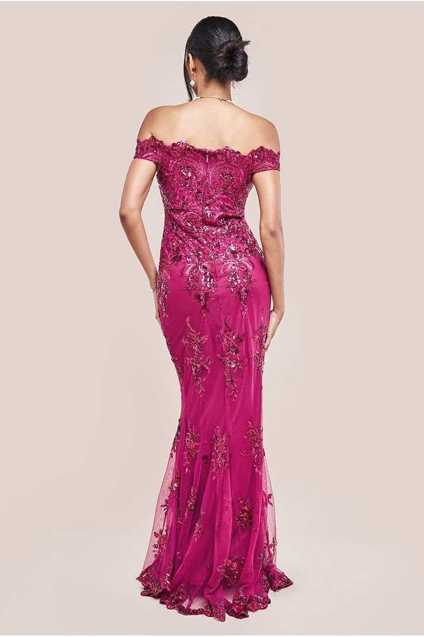 Goddiva Bardot Sequin Embroidered Maxi Dress - Magenta