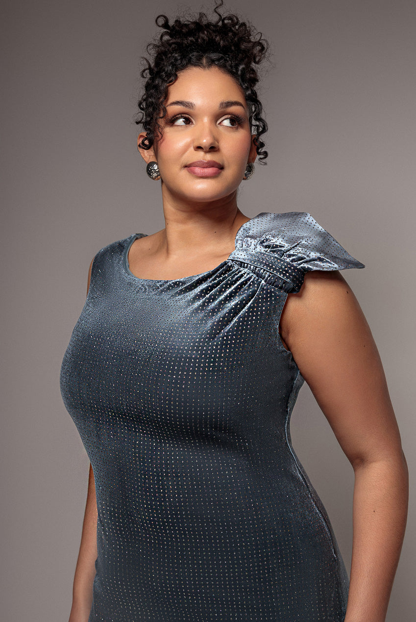 Goddiva Plus Glitter Velvet Maxi With Bow Detail - Silver
