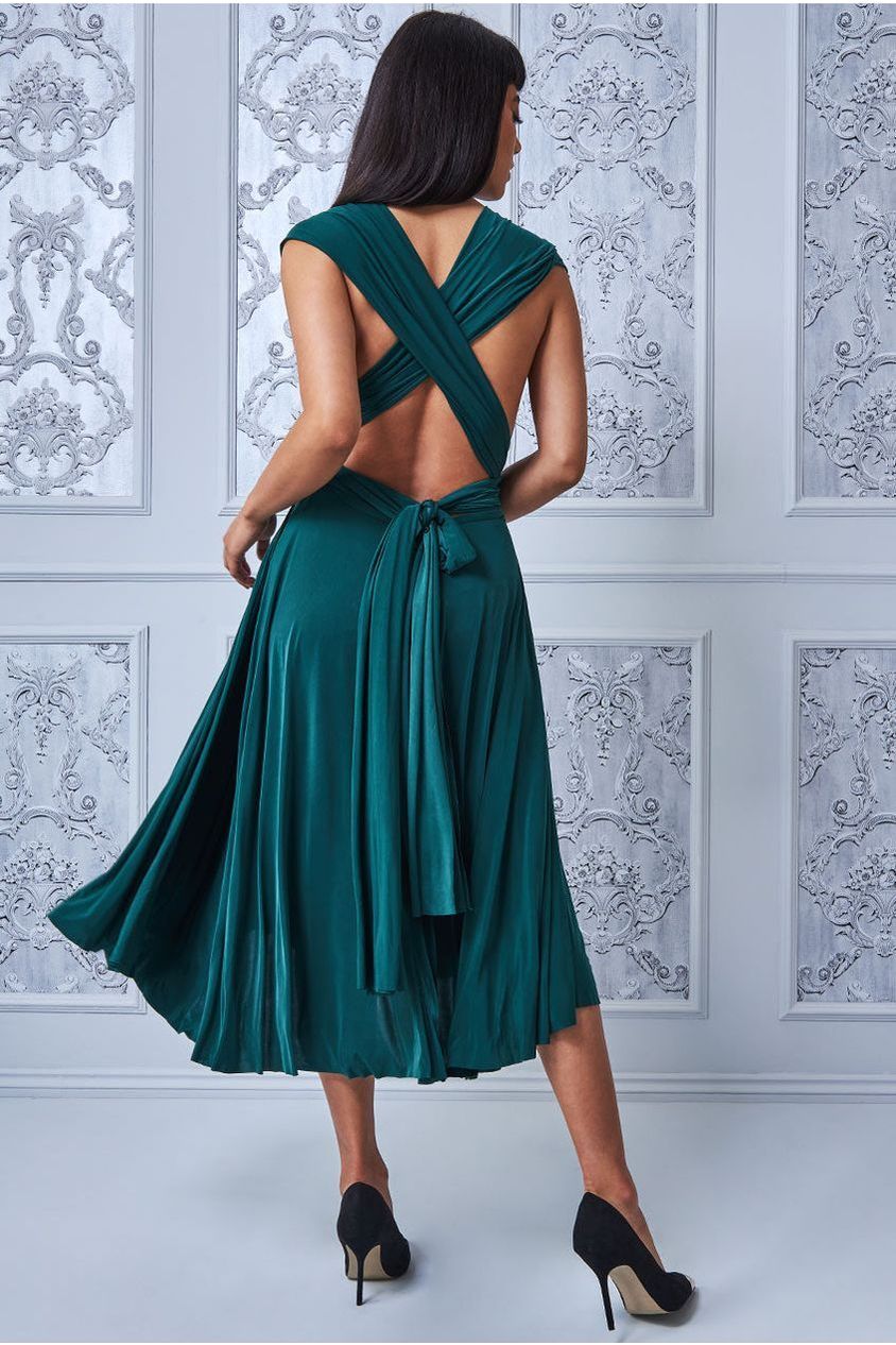 Goddiva Soft Touch Multi Way Open Back Midi Dress - Emerald Green