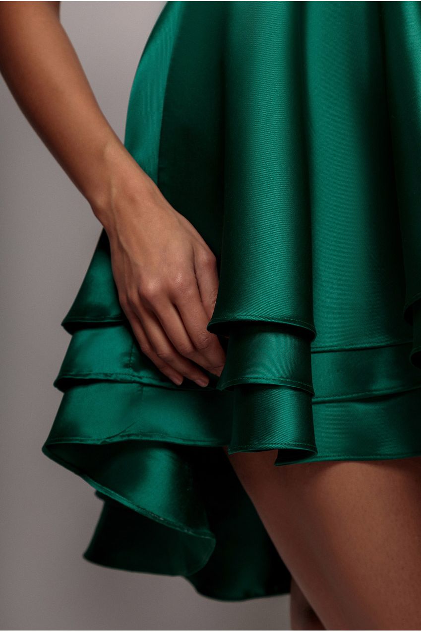 Goddiva Sequin And Satin Tiered Hi-Low Mini Skater Dress - Emerald Green