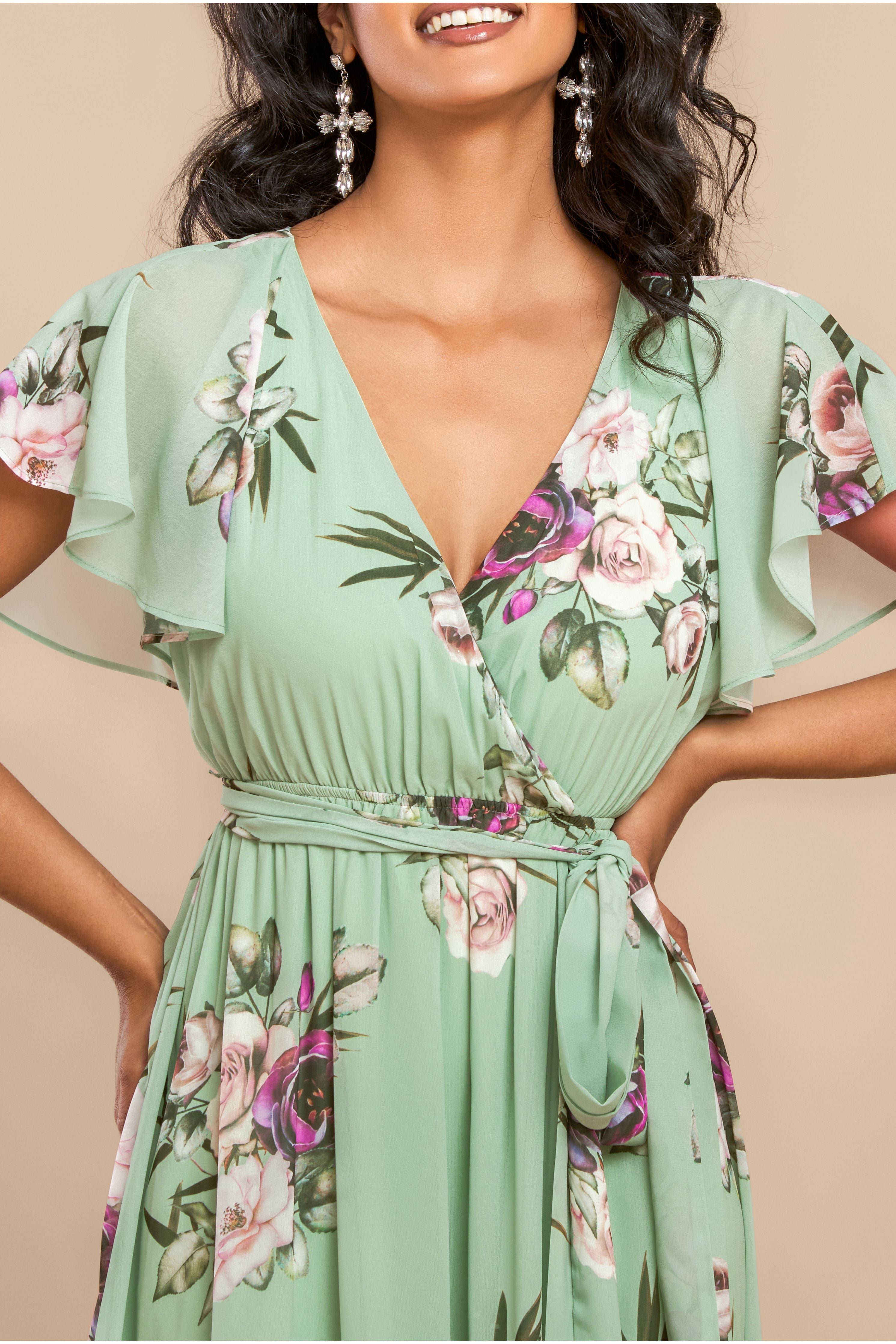 Goddiva Sustainable Printed Flutter Sleeve Maxi Dress - Duck Egg