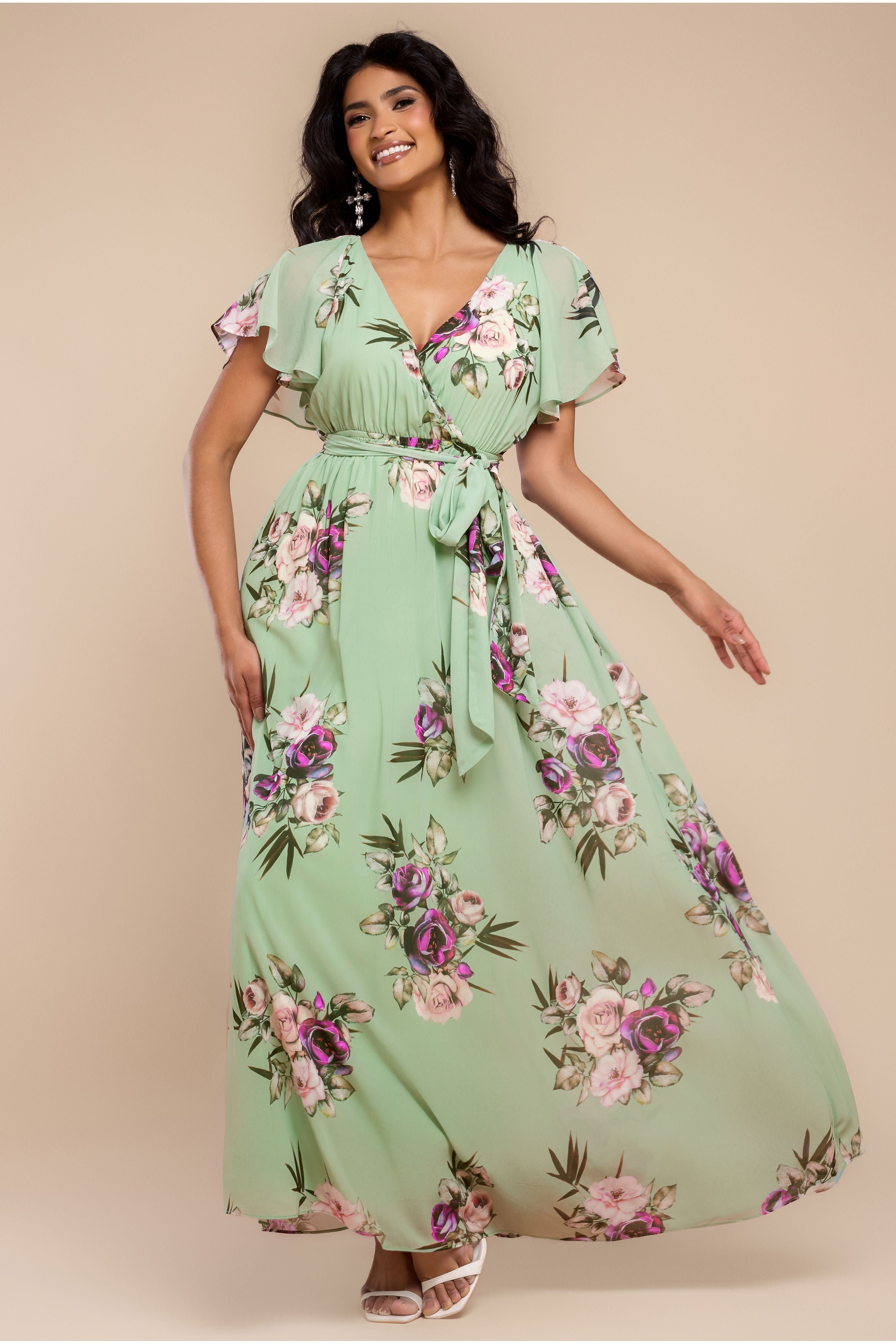 Goddiva Sustainable Printed Flutter Sleeve Maxi Dress - Duck Egg