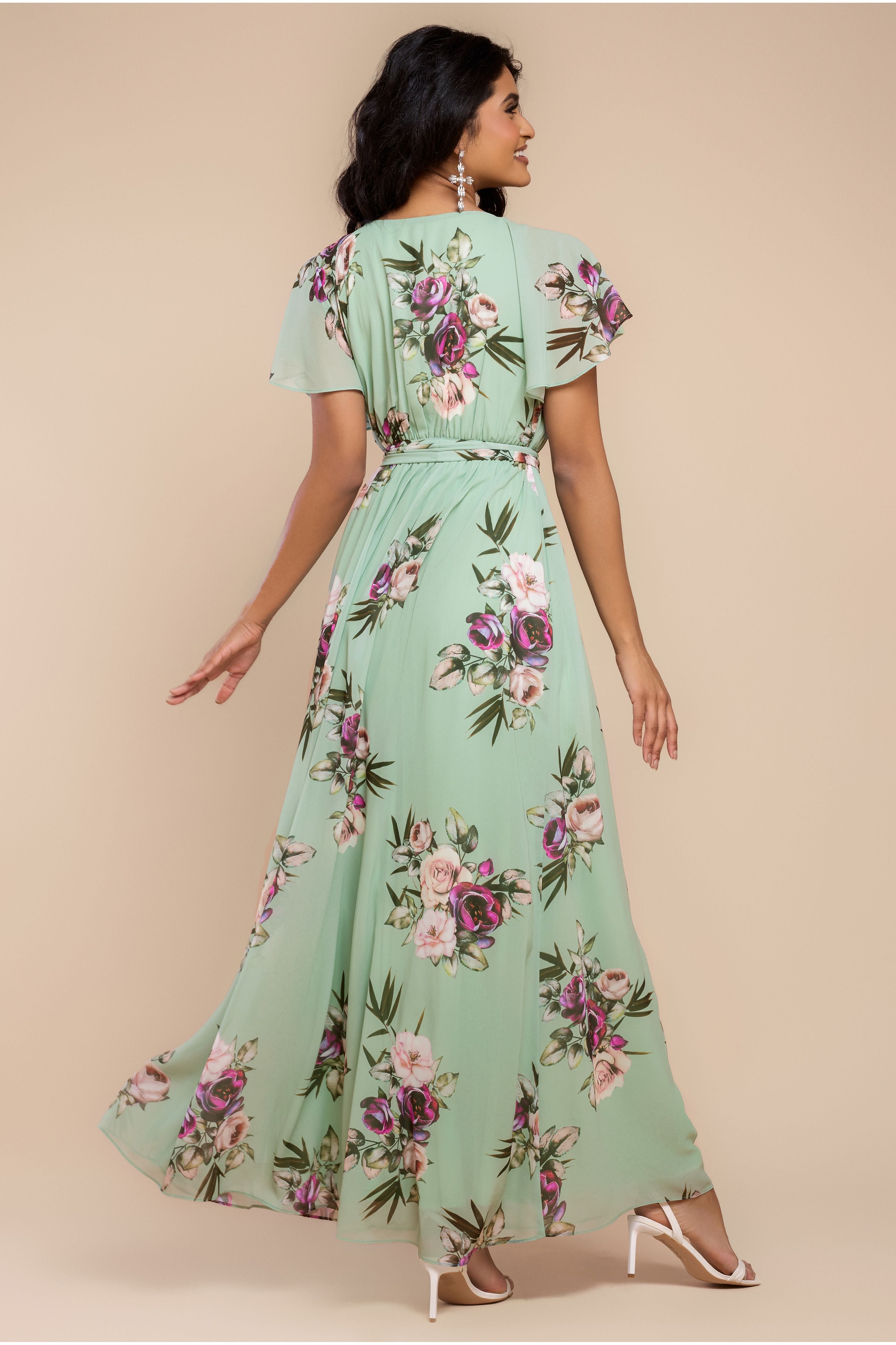 Goddiva Sustainable Printed Flutter Sleeve Maxi Dress - Duck Egg