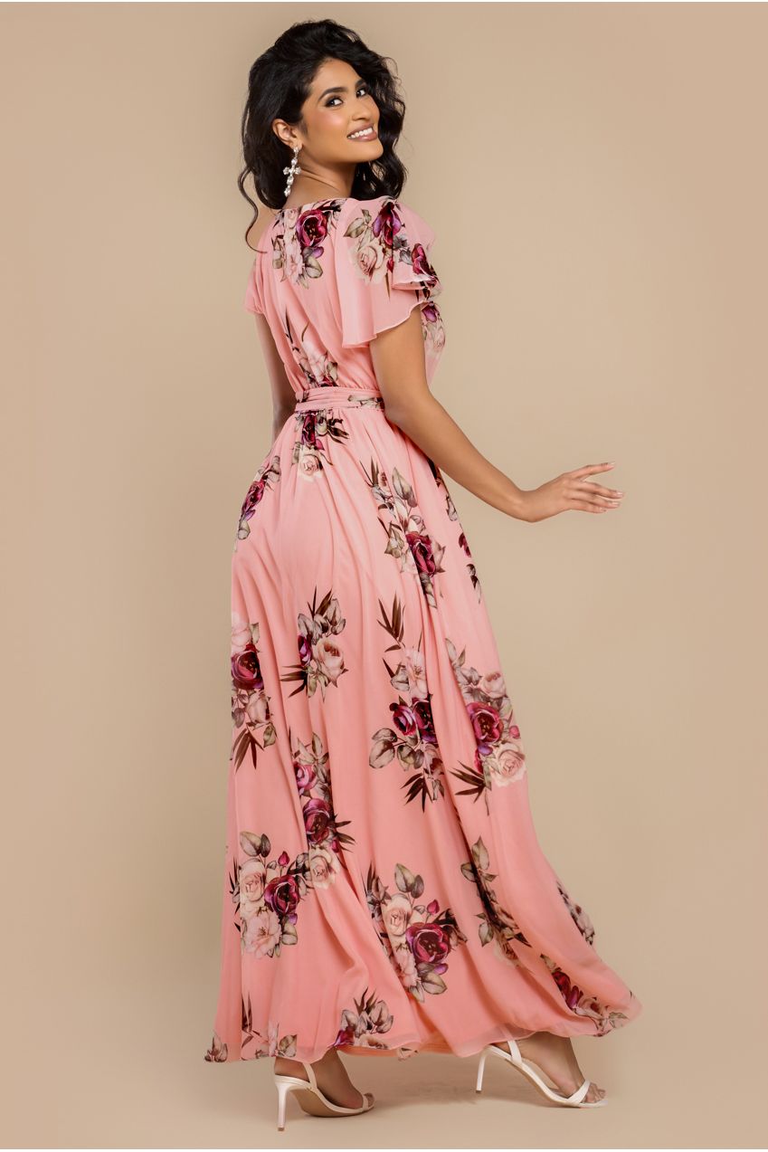 Goddiva Sustainable Printed Flutter Sleeve Maxi Dress - Peach