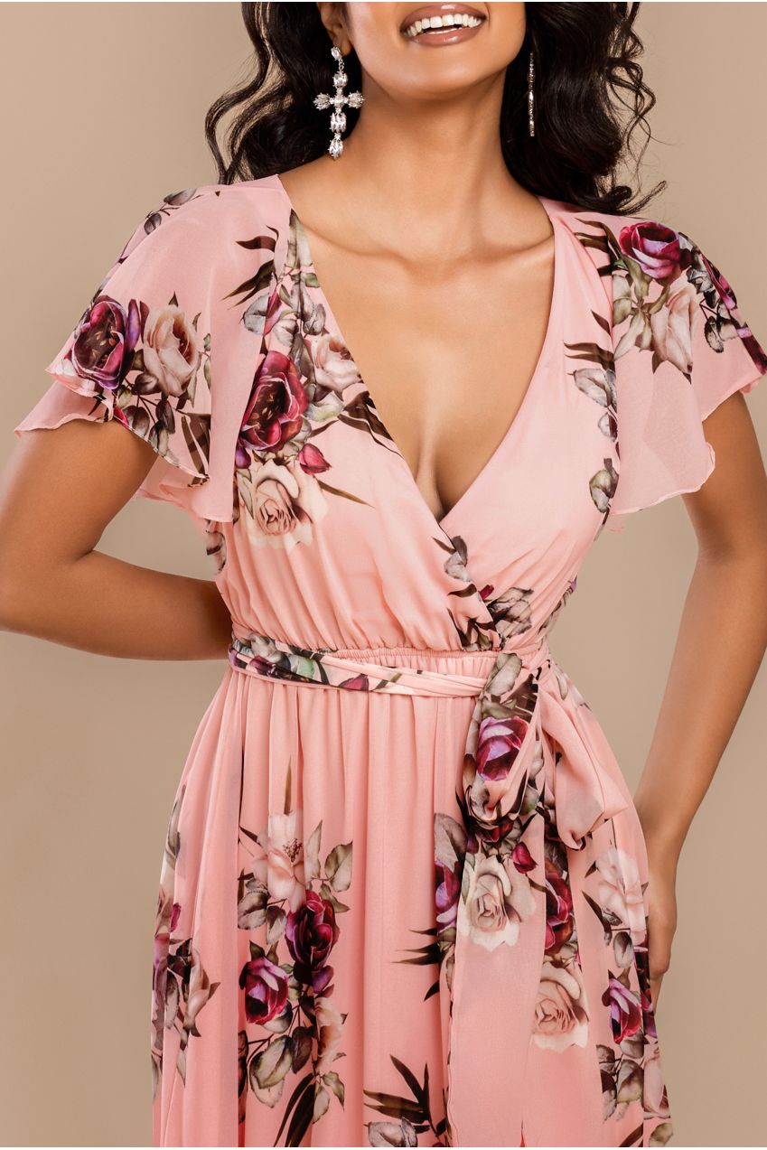 Goddiva Sustainable Printed Flutter Sleeve Maxi Dress - Peach