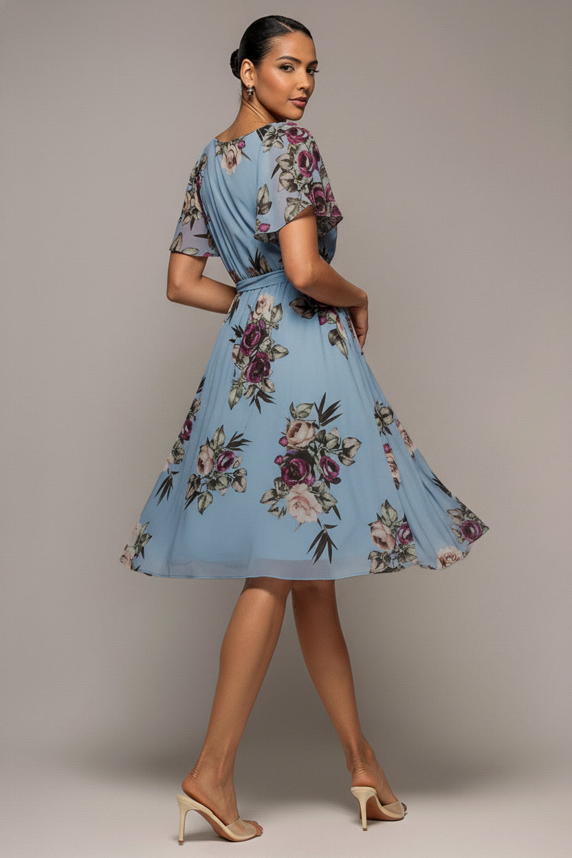 Goddiva Sustainable Floral Print Midi Wrap Dress With Flutter Sleeves - Airforce Blue