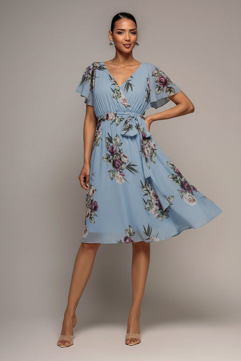 Goddiva Sustainable Floral Print Midi Wrap Dress With Flutter Sleeves - Airforce Blue