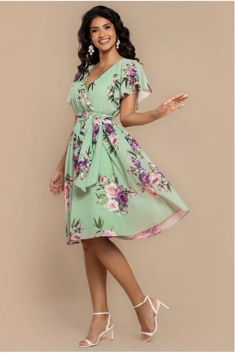 Goddiva Sustainable Floral Print Midi Wrap Dress With Flutter Sleeves - Duck Egg