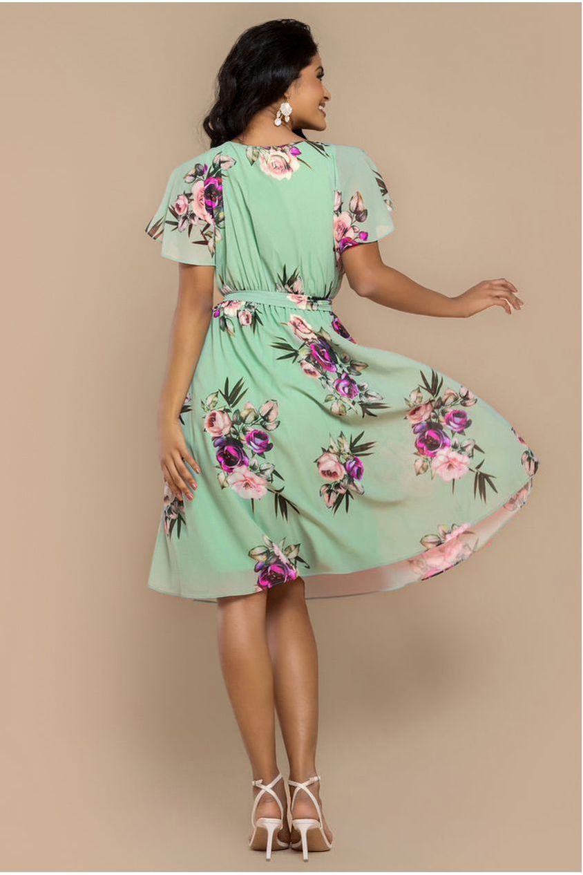 Goddiva Sustainable Floral Print Midi Wrap Dress With Flutter Sleeves - Duck Egg