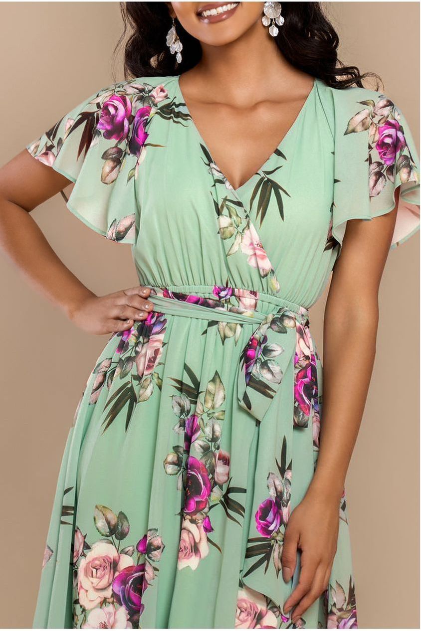 Goddiva Sustainable Floral Print Midi Wrap Dress With Flutter Sleeves - Duck Egg