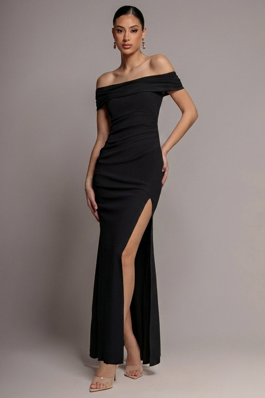 Goddiva Off The Shoulder Maxi Dress With Split - Black