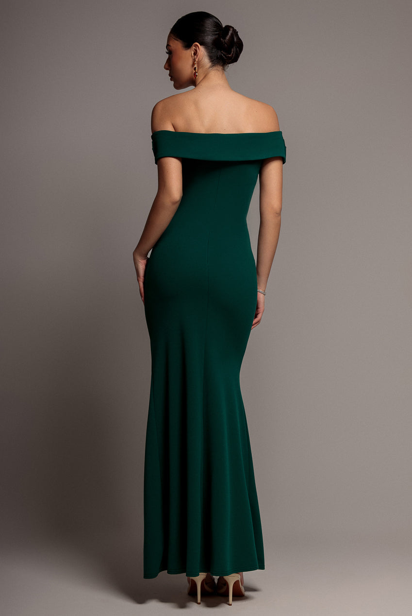 Goddiva Off The Shoulder Maxi Dress With Split - Emerald Green