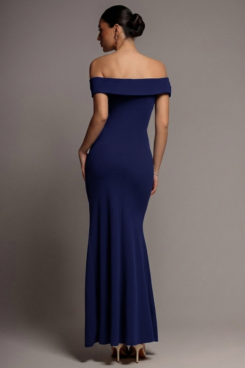 Goddiva Off The Shoulder Maxi Dress With Split - Navy Blue