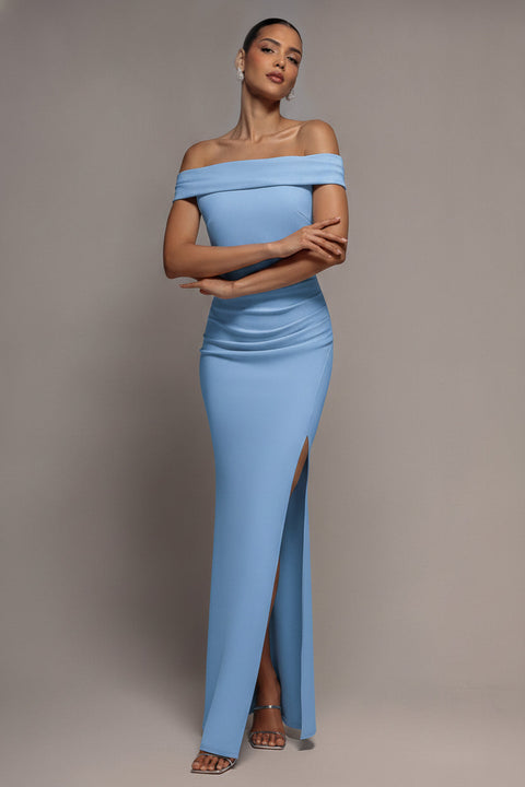 Goddiva Off The Shoulder Maxi Dress With Split - Powder Blue