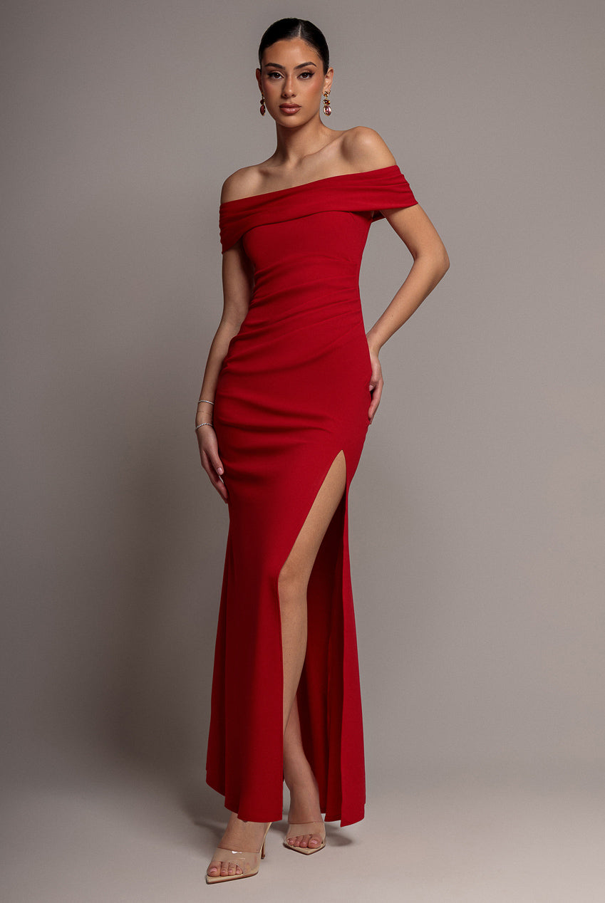 Goddiva Off The Shoulder Maxi Dress With Split - Red