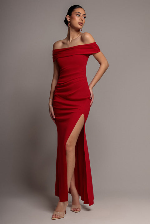 Goddiva Off The Shoulder Maxi Dress With Split - Red