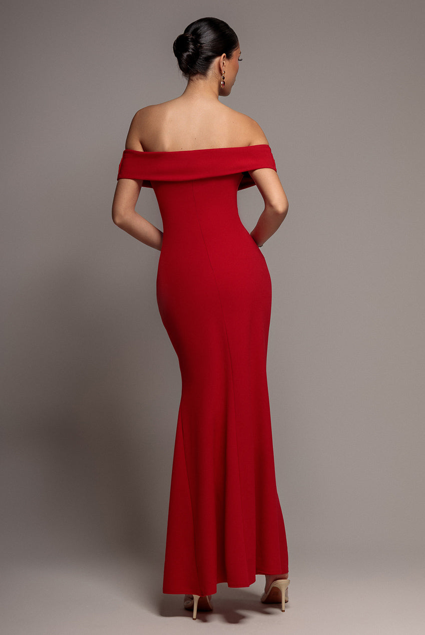 Goddiva Off The Shoulder Maxi Dress With Split - Red