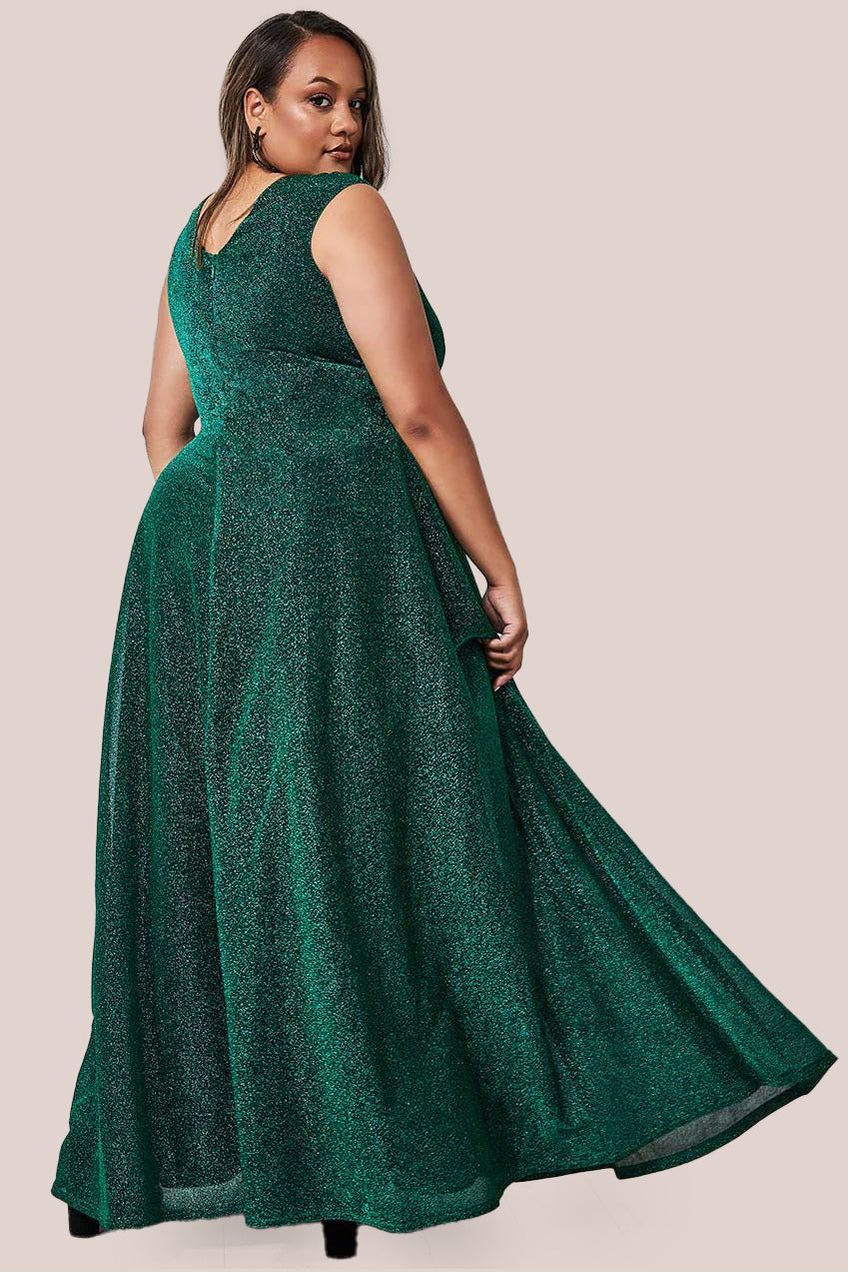 Goddiva Plus Crossover Lurex Glitter Maxi Dress - Emerald