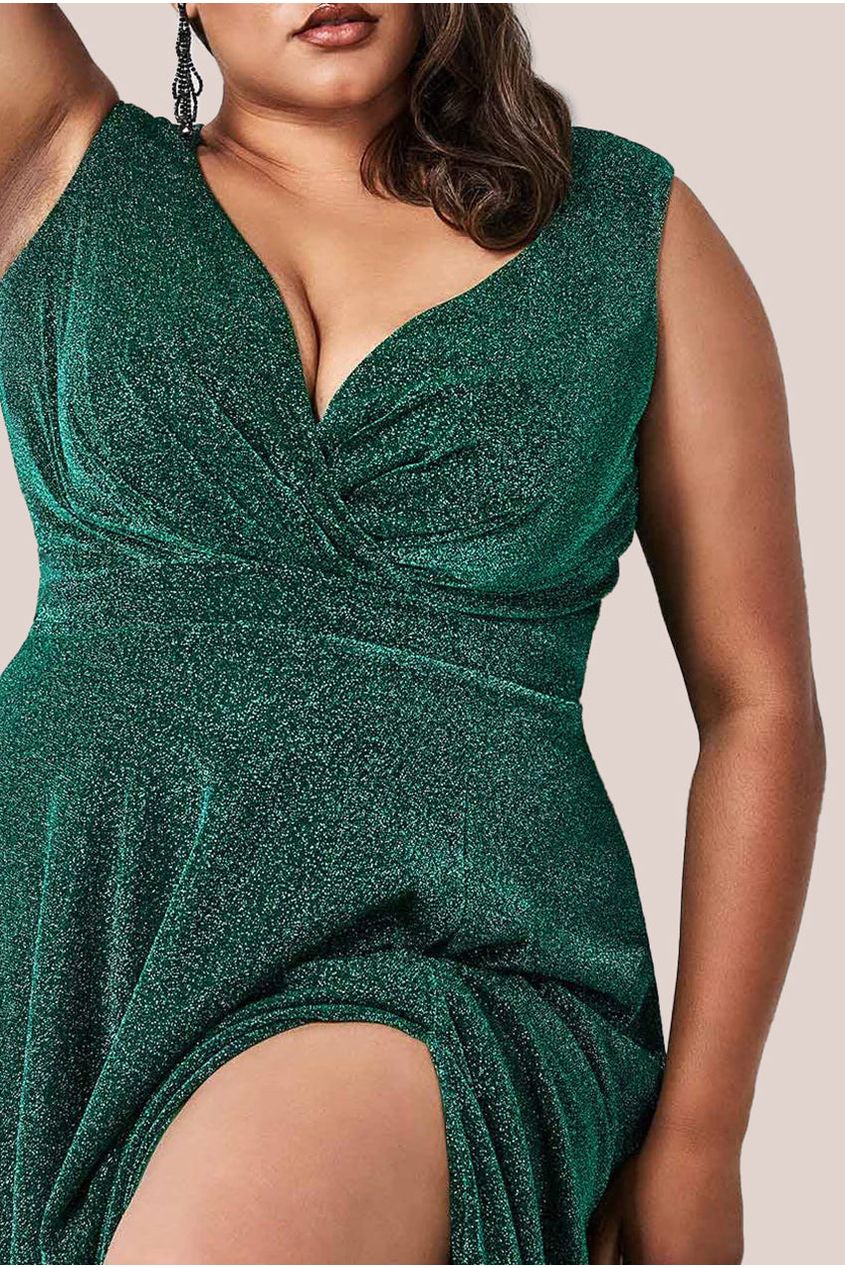 Goddiva Plus Crossover Lurex Glitter Maxi Dress - Emerald