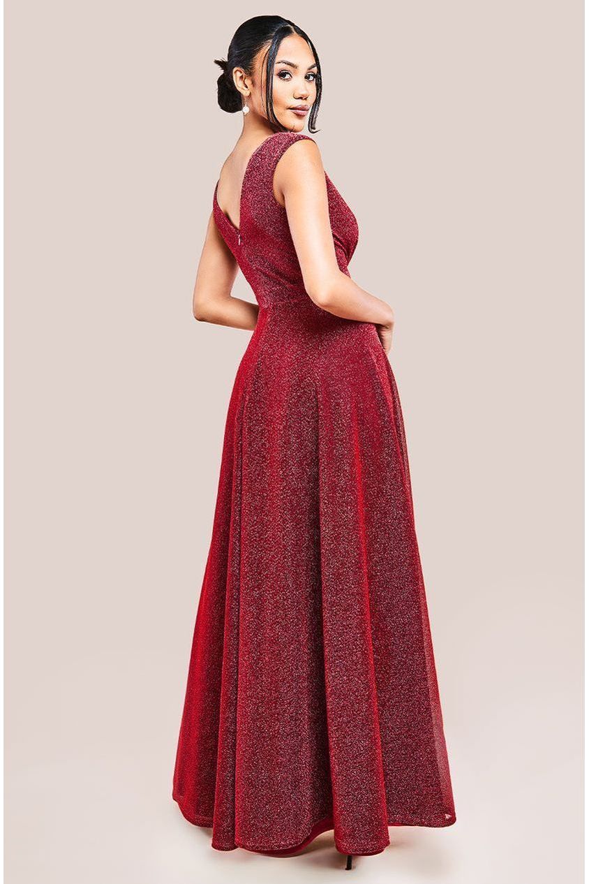 Goddiva Crossover Lurex Glitter Maxi Dress - Wine