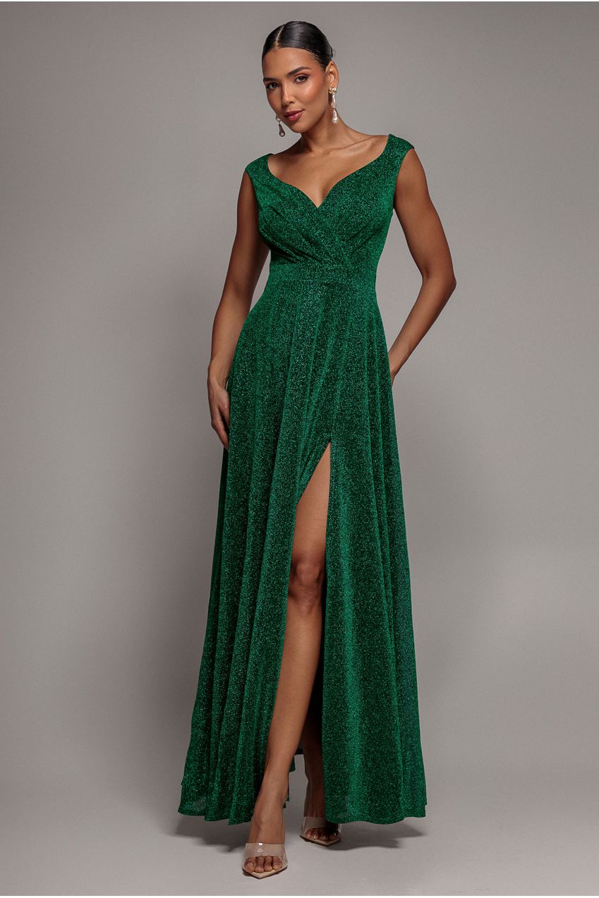 Goddiva Crossover Lurex Glitter Maxi Dress - Emerald