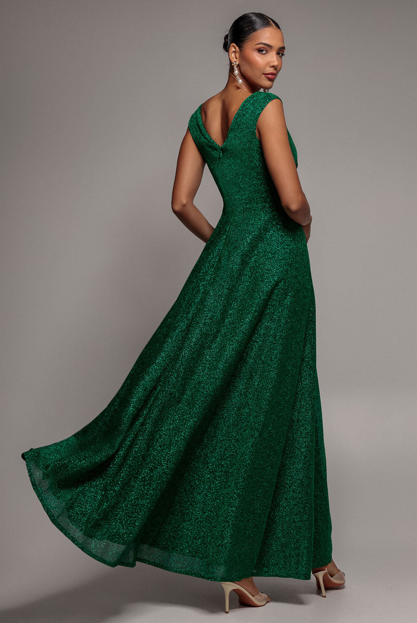 Goddiva Crossover Lurex Glitter Maxi Dress - Emerald