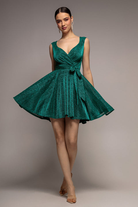 Goddiva Cross Over Sleeveless Mini Skater Dress - Emerald Green