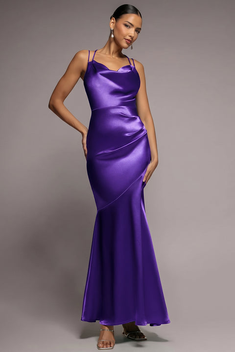 Goddiva Cowl Neck With Strappy Back Satin Maxi - Purple